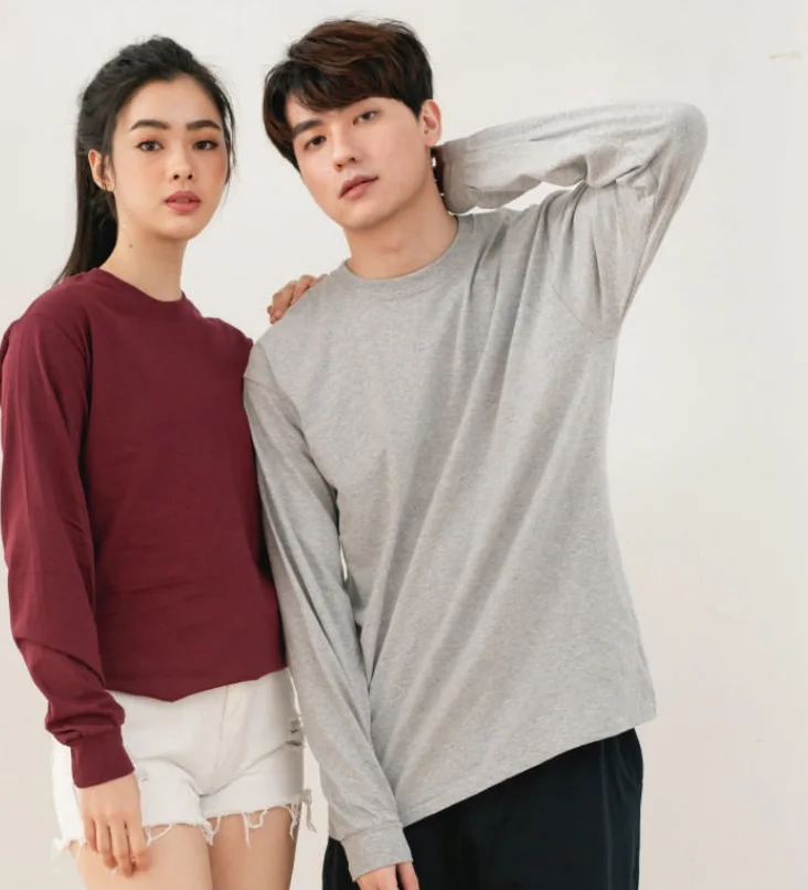 A woman in a maroon and a man in a sport grey Gildan Ultra Cotton 2400 long sleeve tee