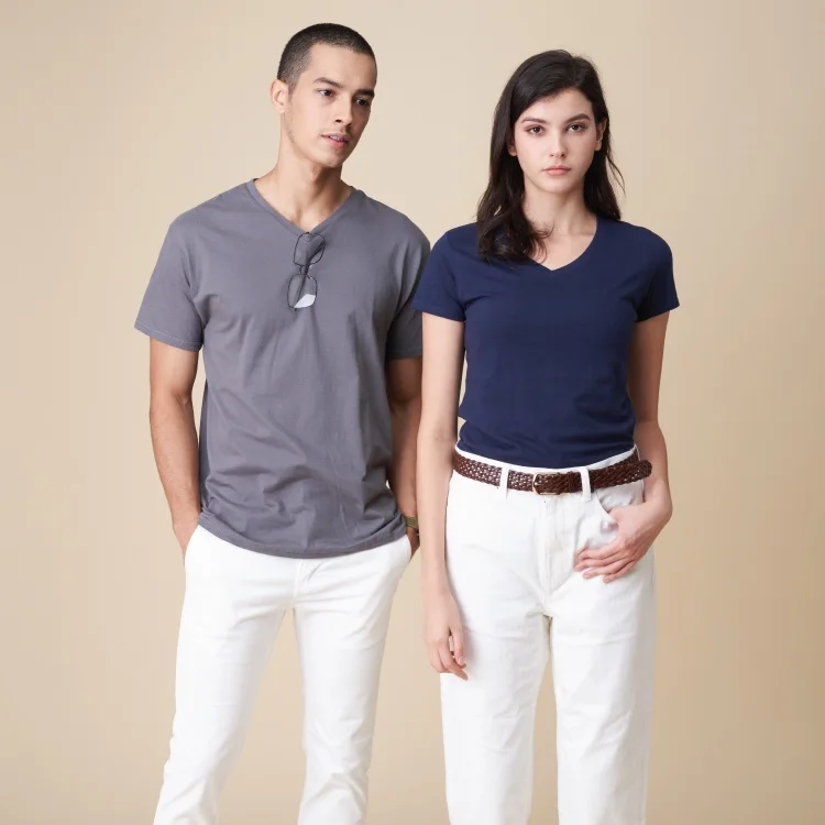 Two people wearing Gildan 63V00 Softstyle V-neck tees in charcoal and navy