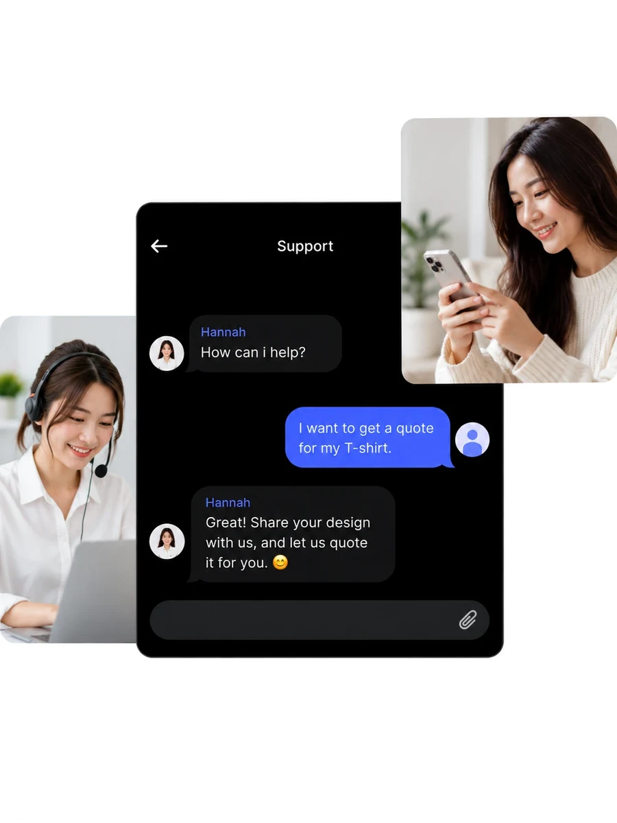 A First One team member with a headset replying to a customer’s chat: the customer asks for a T-shirt quote and is invited to share their design.