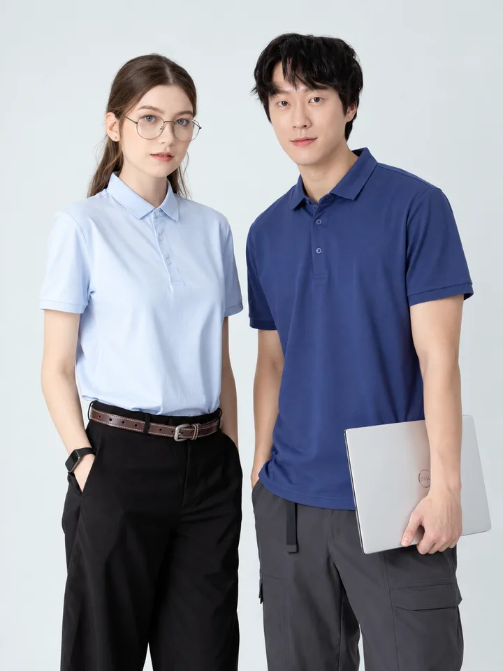 Two people wearing collar tees in light blue and navy