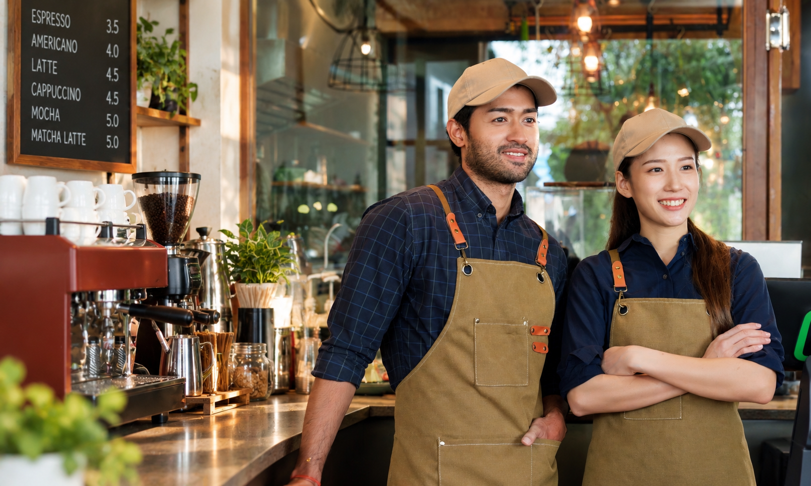 Café staff in matching caps and canvas aprons behind a coffee counter